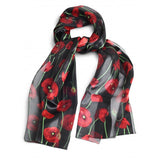 Silky Black Poppy Scarf, with green stems