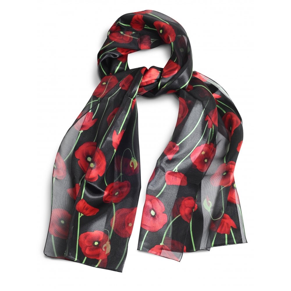 Silky Black Poppy Scarf, with green stems