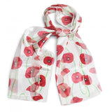 Silky White Poppy Scarf, with green stems