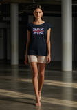 Ladies Black T-Shirt with Distressed Metallic Union Jack