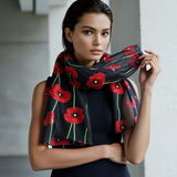 Silky Black Poppy Scarf, with green stems