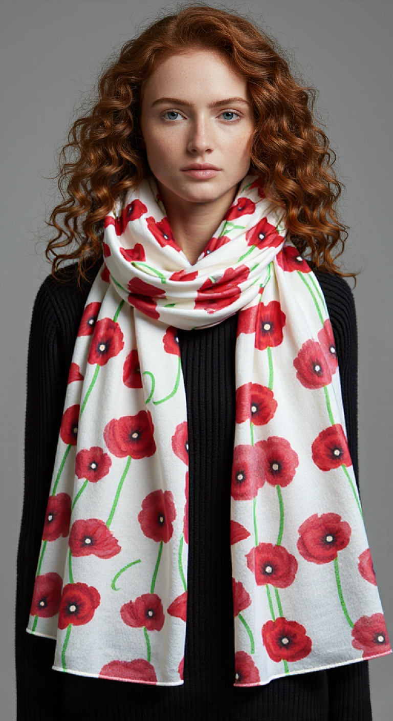 Silky White Poppy Scarf, with green stems